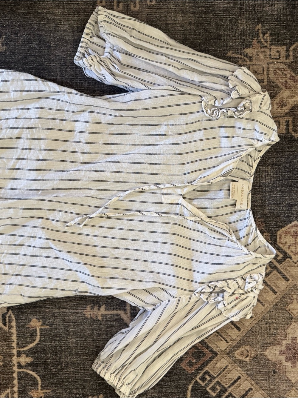 Anthropologie White and Blue Striped Tie-Neck Blouse